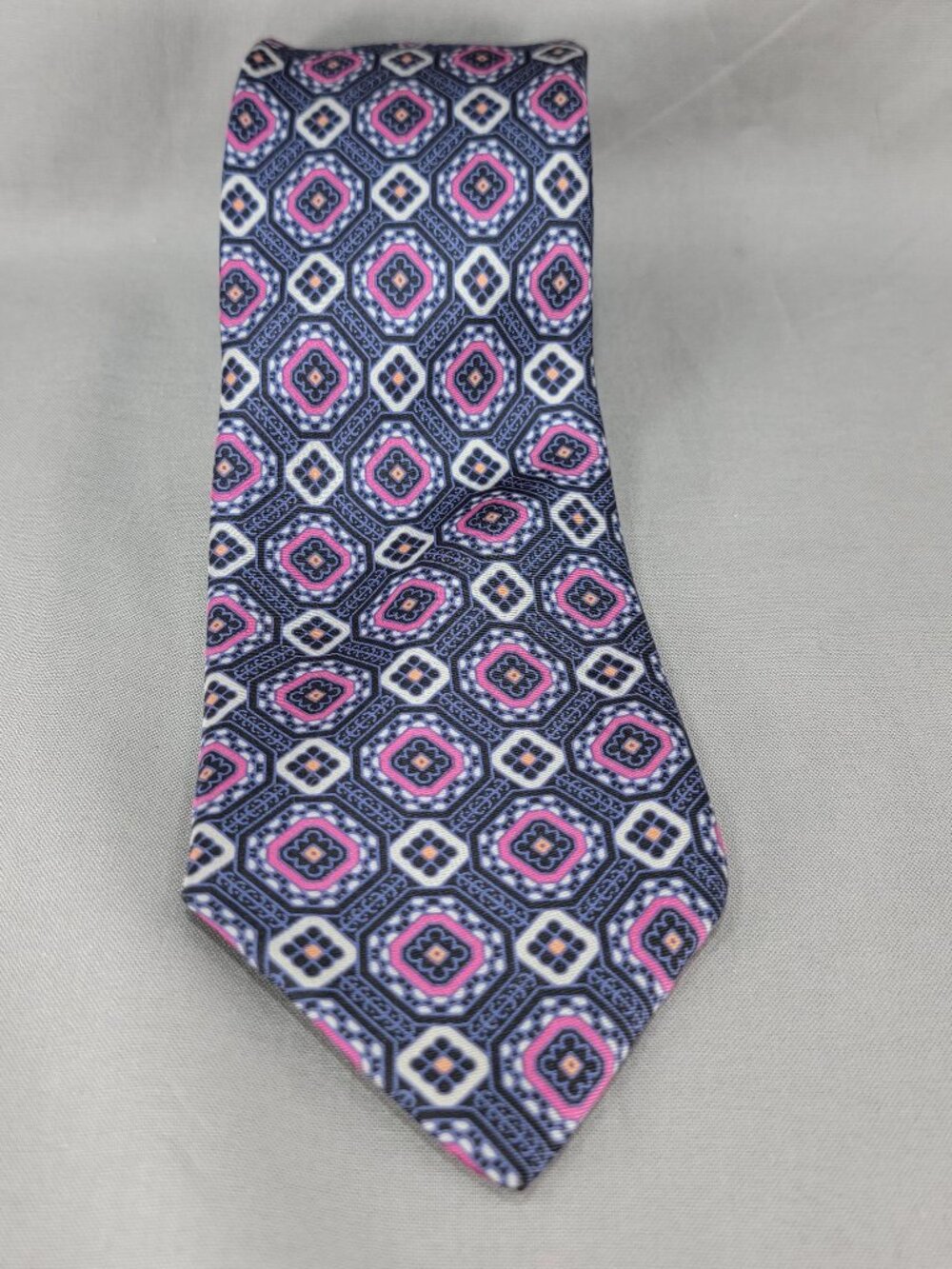 Vtg Christopher Hayes Tie Necktie Mens Pink Blue Silk Geometric Pattern Italy